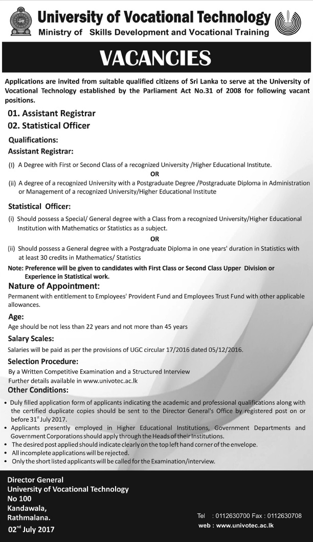 Assistant Registrar, Statistical Officer - University of Vocational Technology